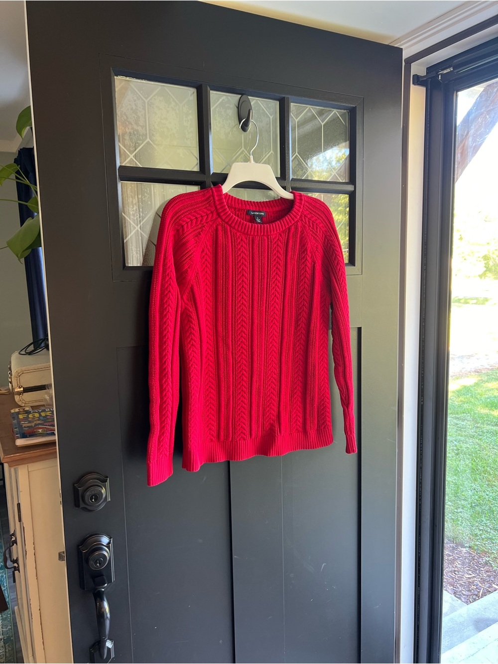 Cable Knit Crewneck Lands End 100% Cotton Red Sweater